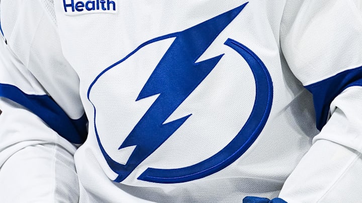 Jan 21, 2025; Montreal, Quebec, CAN; View of a Tampa Bay Lightning logo on a jersey worn by a member of the team during the first period at Bell Centre. 