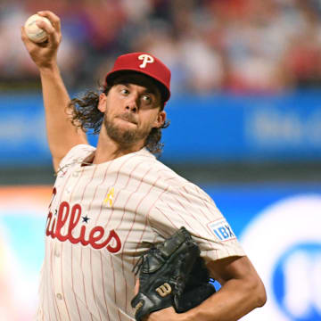 Sep 1, 2024; Philadelphia, Pennsylvania, USA; Philadelphia Phillies pitcher Aaron Nola (27) throws a pitch during the third inning against the Atlanta Braves at Citizens Bank Park