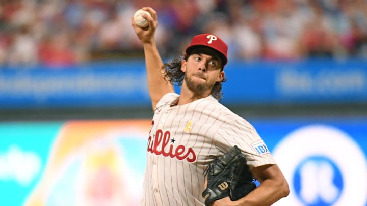 Sep 1, 2024; Philadelphia, Pennsylvania, USA; Philadelphia Phillies pitcher Aaron Nola (27) throws a pitch during the third inning against the Atlanta Braves at Citizens Bank Park