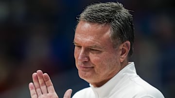 Nov 30, 2024; Lawrence, Kansas, USA; Kansas Jayhawks head coach Bill Self reacts during the second half against the Furman Paladins at Allen Fieldhouse. Mandatory Credit: Jay Biggerstaff-Imagn Images