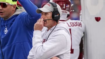 Oct 28, 2023; Lawrence, Kansas, USA; Oklahoma Sooners head coach Brent Venables watches play against the Kansas Jayhawks during the first half at David Booth Kansas Memorial Stadium. Mandatory Credit: Denny Medley-USA TODAY Sports