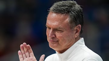 Nov 30, 2024; Lawrence, Kansas, USA; Kansas Jayhawks head coach Bill Self reacts during the second half against the Furman Paladins at Allen Fieldhouse. Mandatory Credit: Jay Biggerstaff-Imagn Images