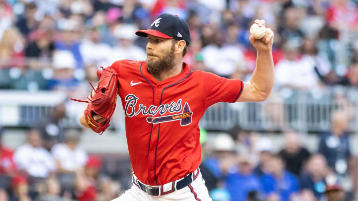 Aug 23, 2024; Cumberland, Georgia, USA; Atlanta Braves pitcher Chris Sale (51) pitches against Washington Nationals during the first inning at Truist Park. Mandatory Credit: Jordan Godfree-USA TODAY Sports