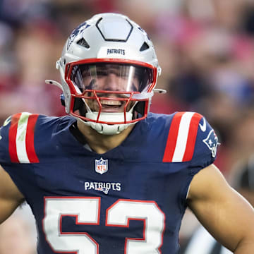 Dec 15, 2024; Glendale, Arizona, USA; New England Patriots linebacker Christian Elliss (53) against the Arizona Cardinals at State Farm Stadium. Mandatory Credit: Mark J. Rebilas-Imagn Images