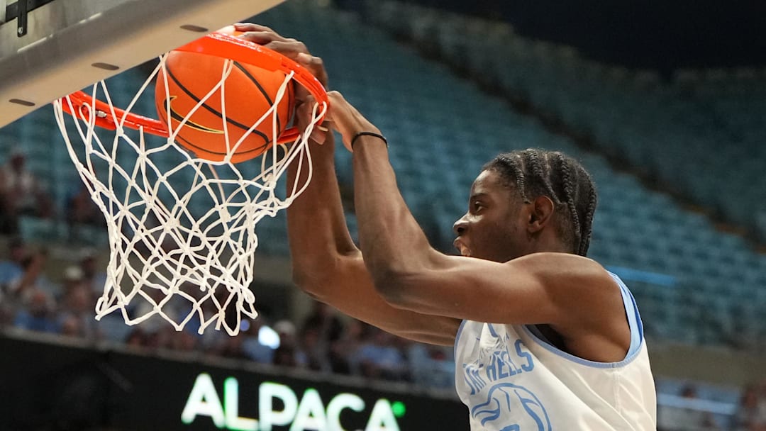 Oct 4, 2025; Charlotte, NC, USA; North Carolina Tar Heels forward Caleb Wilson (8) shoots but the ball rims out in the first half at Dean E. Smith Center. Mandatory Credit: Bob Donnan-Imagn Images