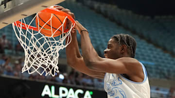 Oct 4, 2025; Charlotte, NC, USA; North Carolina Tar Heels forward Caleb Wilson (8) shoots but the ball rims out in the first half at Dean E. Smith Center. Mandatory Credit: Bob Donnan-Imagn Images