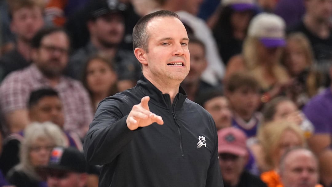 Mar 21, 2026; Phoenix, Arizona, USA; Phoenix Suns head coach Jordan Ott reacts against the Milwaukee Bucks during the first half at Mortgage Matchup Center. Mandatory Credit: Joe Camporeale-Imagn Images