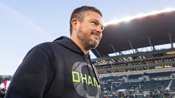 Oregon head coach Dan Lanning walks off after his win as the Oregon Ducks host the USC Trojans on Nov. 22, 2025, at Autzen Stadium in Eugene, Oregon.