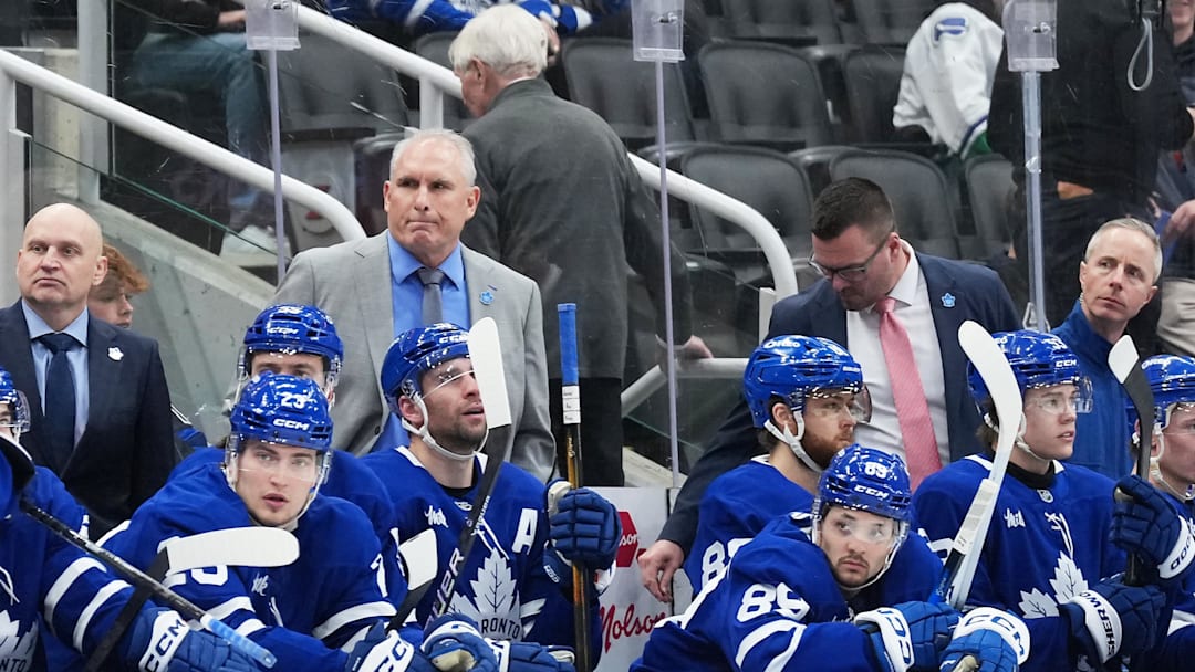 Jan 10, 2026; Toronto, Ontario, CAN; Toronto Maple Leafs head coach Craig Berube watches the action against the Vancouver Canucks during the third period at Scotiabank Arena. Mandatory Credit: Nick Turchiaro-Imagn Images