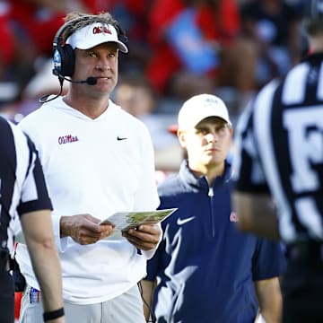 Sep 7, 2024; Oxford, Mississippi, USA; Mississippi Rebels head coach Lane Kiffin reacts during the second half against the Middle Tennessee Blue Raiders at Vaught-Hemingway Stadium. Mandatory Credit: Petre Thomas-Imagn Images