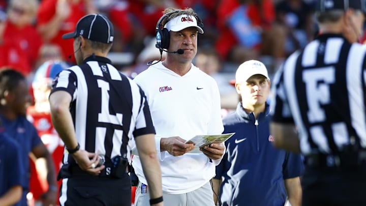 Sep 7, 2024; Oxford, Mississippi, USA; Mississippi Rebels head coach Lane Kiffin reacts during the second half against the Middle Tennessee Blue Raiders at Vaught-Hemingway Stadium. Mandatory Credit: Petre Thomas-Imagn Images