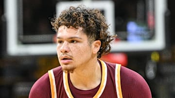 Jan 21, 2025; Iowa City, Iowa, USA; Minnesota Golden Gophers guard Lu'Cye Patterson (25) controls the ball against the Iowa Hawkeyes during the first half at Carver-Hawkeye Arena. Mandatory Credit: Jeffrey Becker-Imagn Images