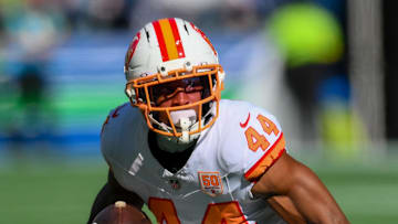 Oct 5, 2025; Seattle, Washington, USA; Tampa Bay Buccaneers running back Sean Tucker (44) runs after a catch against the Seattle Seahawks during the first half at Lumen Field. Mandatory Credit: Steven Bisig-Imagn Images