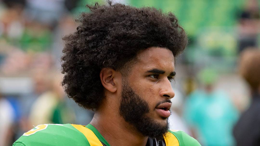 Oregon quarterback Dante Moore warms up as the Oregon Ducks host the Oklahoma State Cowboys on Sept. 6, 2025, at Autzen Stadium in Eugene, Oregon.
