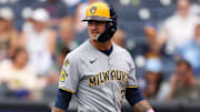 May 11, 2025; Tampa, Florida, USA; Milwaukee Brewers shortstop Joey Ortiz (3) reacts after striking out against the Tampa Bay Rays in the third inning at George M. Steinbrenner Field. Mandatory Credit: Nathan Ray Seebeck-Imagn Images