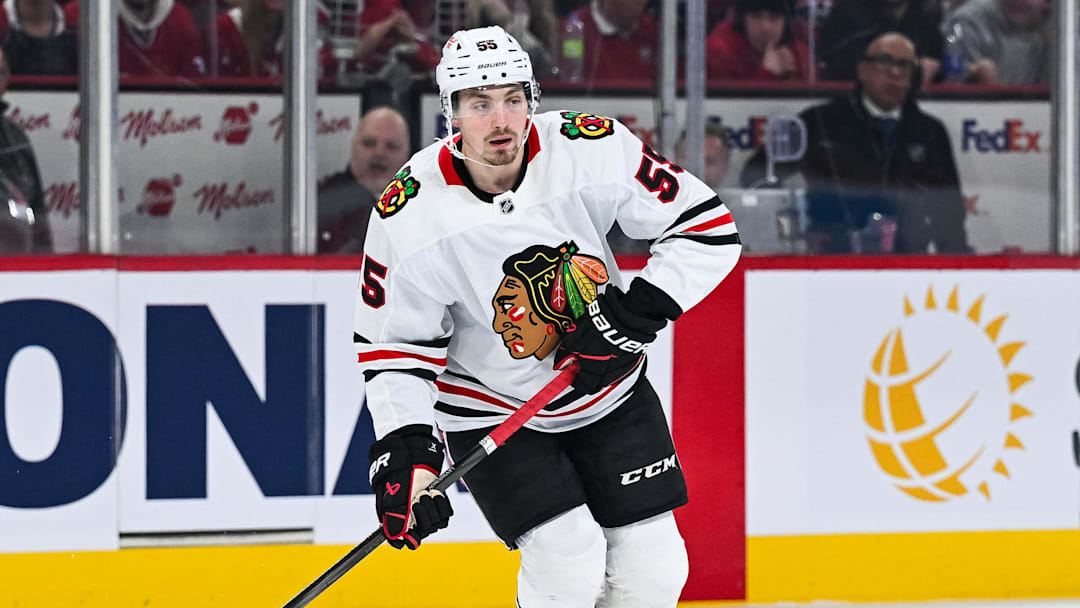 Apr 14, 2025; Montreal, Quebec, CAN; Chicago Blackhawks defenseman Artyom Levshunov (55) plays the puck against the Montreal Canadiens in the first period at Bell Centre. Mandatory Credit: David Kirouac-Imagn Images Apr 14, 2025; Montreal, Quebec, CAN; Chicago Blackhawks defenseman Artyom Levshunov (55) plays the puck against the Montreal Canadiens in the first period at Bell Centre. Mandatory Credit: David Kirouac-Imagn Images