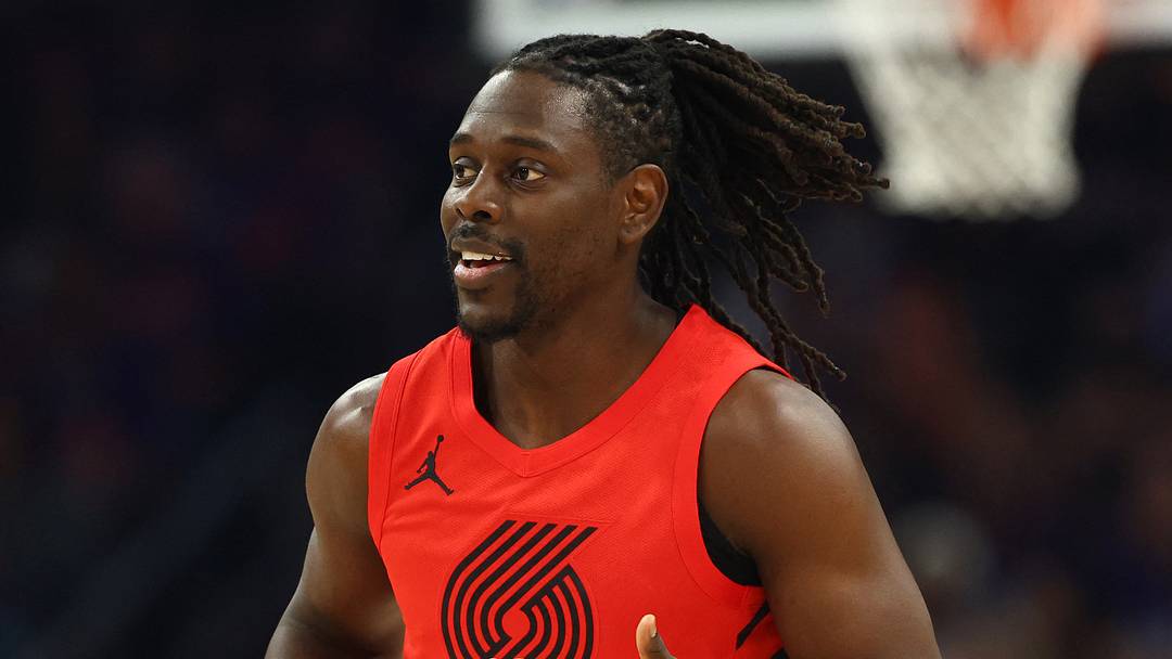Apr 14, 2026; Phoenix, Arizona, USA; Portland Trail Blazers guard Jrue Holiday (5) reacts against the Phoenix Suns in the first half during the play-in rounds of the 2026 NBA Playoffs at Mortgage Matchup Center. Mandatory Credit: Mark J. Rebilas-Imagn Images
