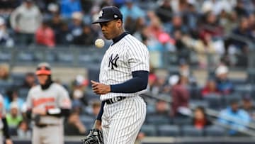 Oct 2, 2022; Bronx, New York, USA;  New York Yankees pitcher Aroldis Chapman (54) at Yankee Stadium. Mandatory Credit: Wendell Cruz-Imagn Images