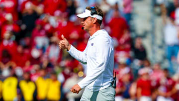 Oct 25, 2025; Norman, Oklahoma, USA;  Ole Miss Rebels head coach Lane Kiffin reacts during the second half against the Oklahoma Sooners at Gaylord Family-Oklahoma Memorial Stadium. Mandatory Credit: Kevin Jairaj-Imagn Images