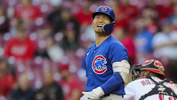 Oct 4, 2022; Cincinnati, Ohio, USA; Chicago Cubs right fielder Seiya Suzuki (27) reacts after