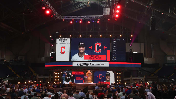 Jul 14, 2024; Ft. Worth, TX, USA;  The Cleveland Guardians select Travis Bazzana with the first pick during the first round of the MLB Draft at Cowtown Coliseum.