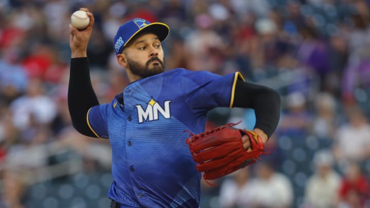 Minnesota Twins starting pitcher Pablo Lopez (49) throws to the Toronto Blue Jays in the second inning at Target Field in Minneapolis on Aug. 30, 2024.