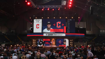 Jul 14, 2024; Ft. Worth, TX, USA;  The Cleveland Guardians select Travis Bazzana with the first pick during the first round of the MLB Draft at Cowtown Coliseum. Mandatory Credit: Kevin Jairaj-USA TODAY Sports