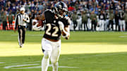 Oct 26, 2025; Baltimore, Maryland, USA; Baltimore Ravens running back Derrick Henry (22) rushes during the fourth quarter against the Chicago Bears at M&T Bank Stadium. Mandatory Credit: Geoff Burke-Imagn Images