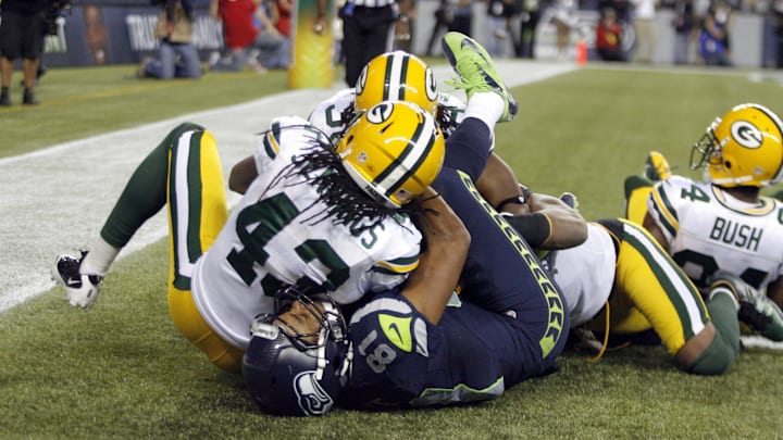 Seattle Seahawks receiver Golden Tate was given the game-winnning touchdown in the Fail Mary vs. the Packers' M.D. Jennings. Seattle Seahawks receiver Golden Tate was given the game-winnning touchdown in the Fail Mary vs. the Packers' M.D. Jennings.