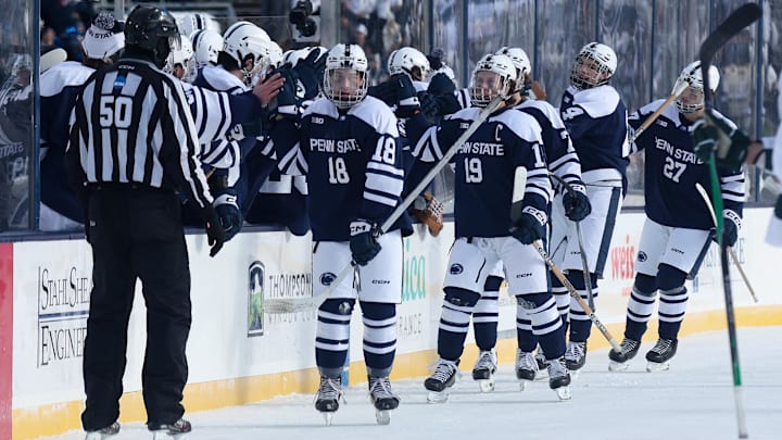 Jan 31, 2026; State College, PA, USA; Penn State Nittany Lions forward Aiden Fink (18) celebrates with his teammates after scoring a goal during the second period against the Michigan State Spartans at Beaver Stadium. Mandatory Credit: Matthew O'Haren-Imagn Images