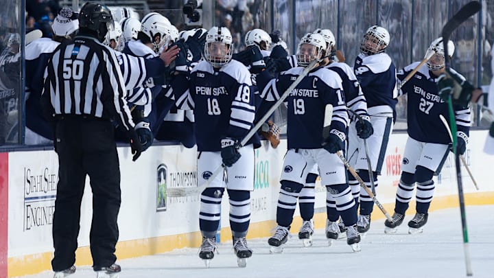 Jan 31, 2026; State College, PA, USA; Penn State Nittany Lions forward Aiden Fink (18) celebrates with his teammates after scoring a goal during the second period against the Michigan State Spartans at Beaver Stadium. Mandatory Credit: Matthew O'Haren-Imagn Images