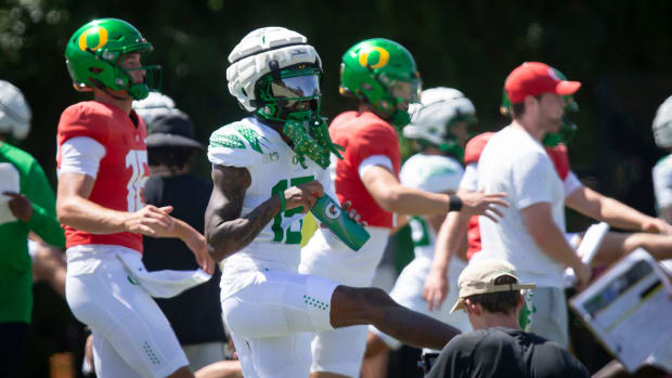 Oregon wide receiver Tez Johnson works out during the Ducks’ fall camp Tuesday, Aug. 6, 2024, at the Hatfield-Dowlin Complex 