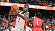 Nov 16, 2024; Syracuse, New York, USA; Syracuse Orange forward Donnie Freeman (1) drives past Youngstown State Penguins guard Ty Harper (1) in the second half at the JMA Wireless Dome. Mandatory Credit: Mark Konezny-Imagn Images
