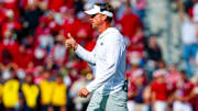 Oct 25, 2025; Norman, Oklahoma, USA;  Ole Miss Rebels head coach Lane Kiffin reacts during the second half against the Oklahoma Sooners at Gaylord Family-Oklahoma Memorial Stadium. Mandatory Credit: Kevin Jairaj-Imagn Images