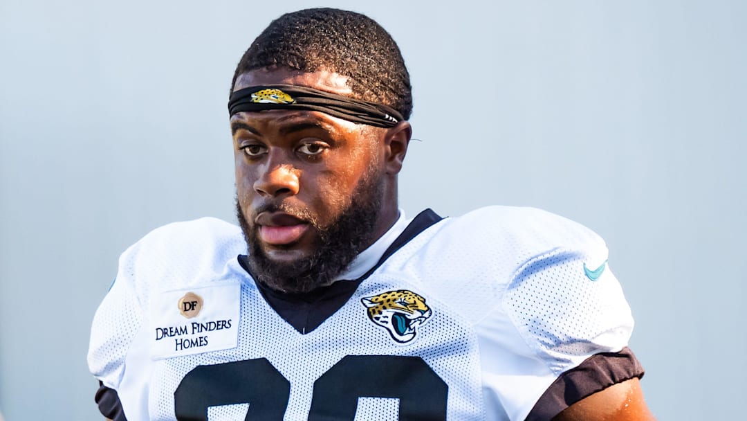 Jacksonville Jaguars safety Daniel Thomas (20) takes his helmet off after warmups during an NFL training camp fifth session at the Miller Electric Center, Monday, July 28, 2025, in Jacksonville, Fla. [Doug Engle/Florida Times-Union]
