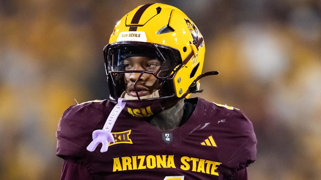 Nov 28, 2025; Tempe, Arizona, USA; Arizona State Sun Devils defensive back Myles Rowser (4) against the Arizona Wildcats during the 99th Territorial Cup at Mountain America Stadium. Mandatory Credit: Mark J. Rebilas-Imagn Images