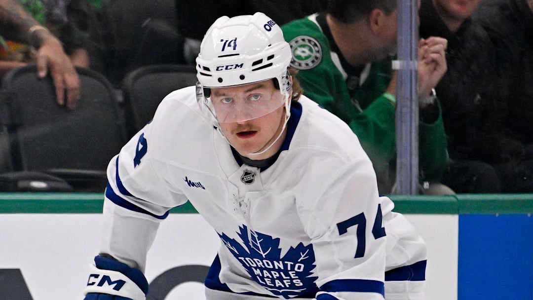 Dec 21, 2025; Dallas, Texas, USA; Toronto Maple Leafs center Bobby McMann (74) skates against the Dallas Stars during the game at the American Airlines Center. Mandatory Credit: Jerome Miron-Imagn Images