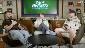 Jason Sudeikis with Travis Kelce and Jason Kelce on an episode of New Heights.