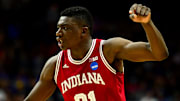 Indiana Hoosiers center Thomas Bryant (31) celebrates a win over the Kentucky Wildcats during the 2016 NCAA Tournament at Wells Fargo Arena. 