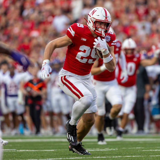 Nebraska wide receiver Carter Nelson heads for a 24-yard touchdown reception against Northern Iowa.