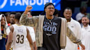 Oct 7, 2024; New Orleans, Louisiana, USA; New Orleans Pelicans guard Trey Murphy III celebrates his team's victory over the Orlando Magic at Smoothie King Center.