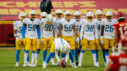 Jan 3, 2021; Kansas City, Missouri, USA; The Los Angeles Chargers special teams get ready for a kickoff against the Kansas City Chiefs during the first half at Arrowhead Stadium. Mandatory Credit: Jay Biggerstaff-USA TODAY Sports
