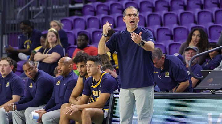 Nov 20, 2023; Fort Myers, FL, USA;  =Murray State Racers head coach Steve Prohm calls to his team in overtime against the UNC Wilmington Seahawks during the Fort Myers Tip-Off at Suncoast Credit Union Arena. Mandatory Credit: Nathan Ray Seebeck-Imagn Images