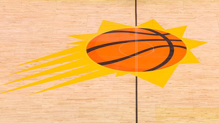 A general view of the Phoenix Suns logo on the court before a game against the New Orleans Pelicans at Mortgage Matchup Center.