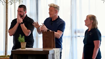 GORDON RAMSAY'S SECRET SERVICE: Gordon Ramsay with the restaurant owners in the "Cafe Boa" episode of GORDON RAMSAY'S SECRET SERVICE airing Wednesday, May 28 (9:02-10:00 PM ET/PT) on FOX. Cr: Greg Gayne / FOX. © 2025 FOXMEDIA LLC.