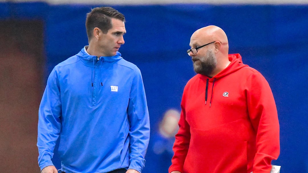 Jun 17, 2025; East Rutherford, NJ, USA; New York Giants general manager Joe Schoen (left) and head coach Brian Daboll talk during minicamp at Quest Diagnostics Training Center. Mandatory Credit: John Jones-Imagn Images