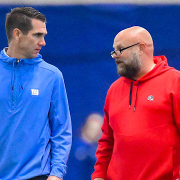 Jun 17, 2025; East Rutherford, NJ, USA; New York Giants general manager Joe Schoen (left) and head coach Brian Daboll talk during minicamp at Quest Diagnostics Training Center.  