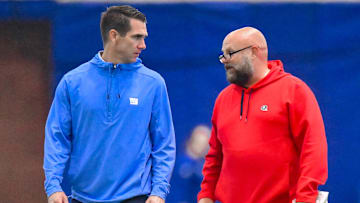 Jun 17, 2025; East Rutherford, NJ, USA; New York Giants general manager Joe Schoen (left) and head coach Brian Daboll talk during minicamp at Quest Diagnostics Training Center. Mandatory Credit: John Jones-Imagn Images