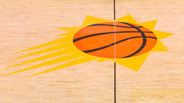 A general view of the Phoenix Suns logo on the court before a game against the New Orleans Pelicans at Footprint Center.
