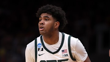 Mar 28, 2025; Atlanta, GA, USA; Michigan State Spartans guard Jase Richardson (11) in the second half of a South Regional semifinal of the 2025 NCAA tournament against the Mississippi Rebels at State Farm Arena. Mandatory Credit: Brett Davis-Imagn Images